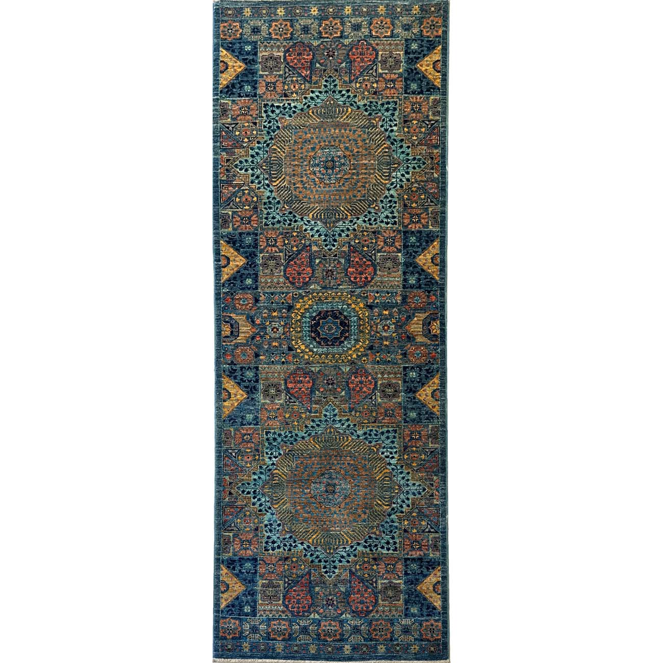 El Dokuma Mavi Premium Memlük Yün Yolluk Halı (80x250 cm)