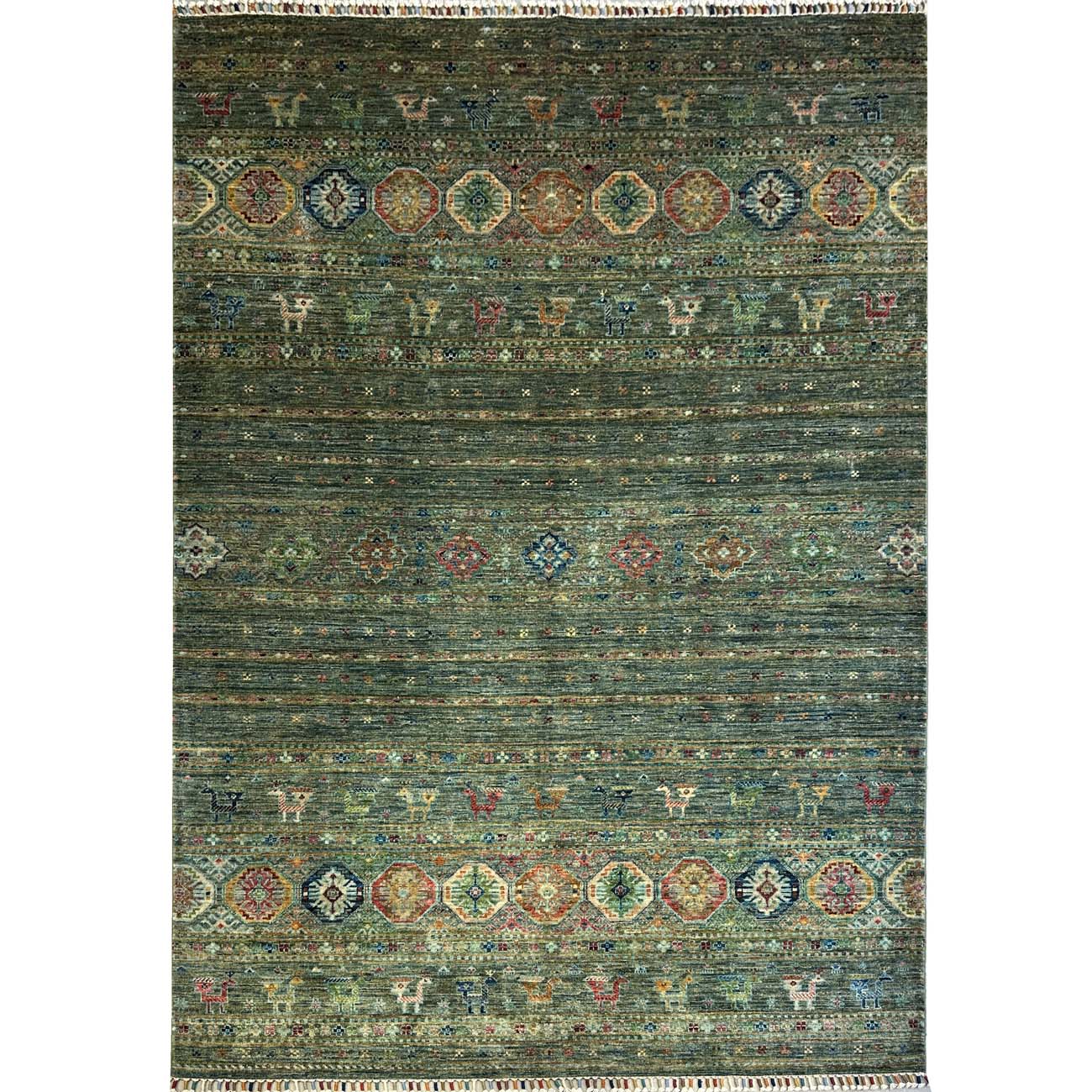 El Dokuma Yeşil Çizgili Horcin Kabile Yün Halı (170x240 cm)