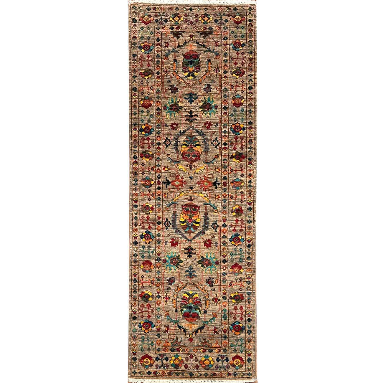 El Dokuma Gri Afgan Sultani Yün Yolluk Halı (90x255 cm)