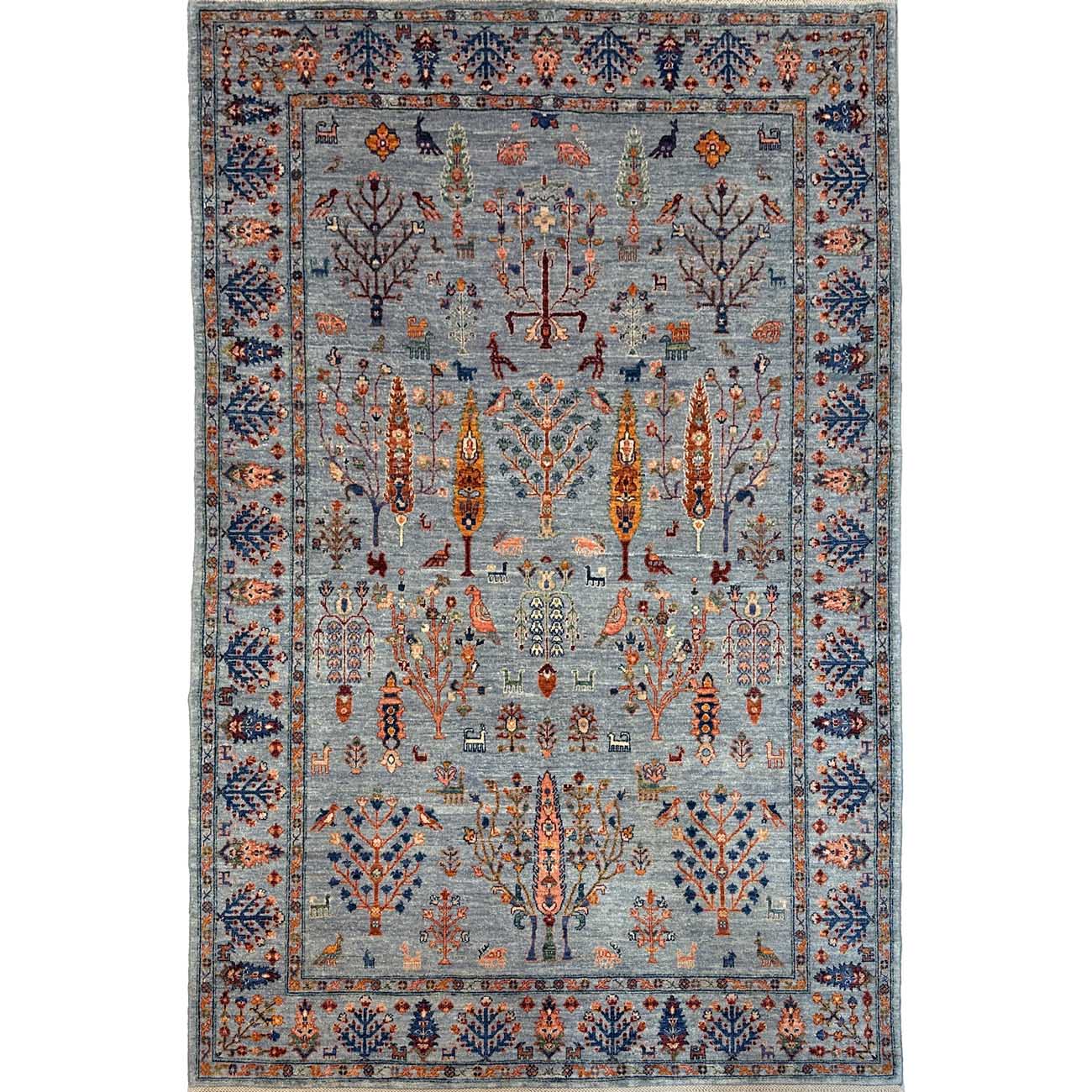 El Dokuma Mavi Ağaç Motifli Afgan Kabile Yün Halı (185x270 cm)