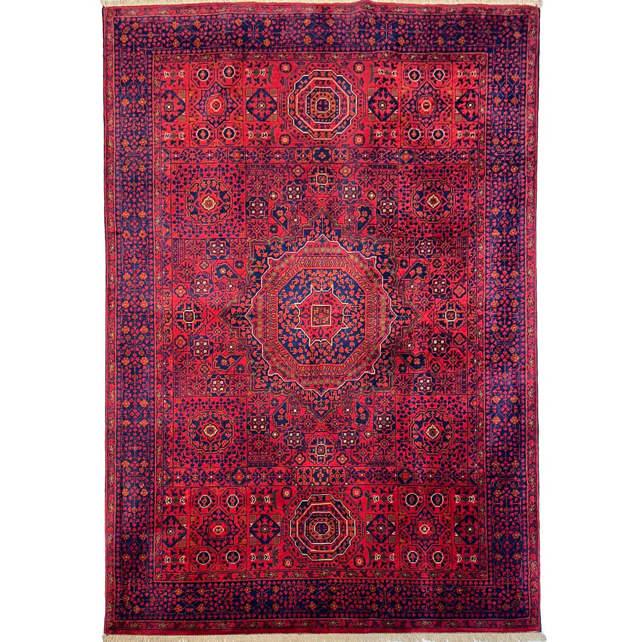 El Dokuma Kırmızı Afghan Memlük Yün Halı (150x210 cm)