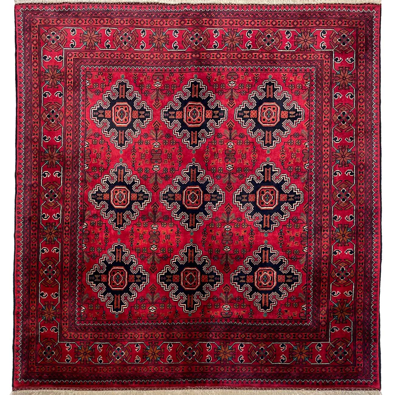 El Dokuma Kırmızı Afgan Khal Mohammadi Kare Yün Halı (150x155 cm)