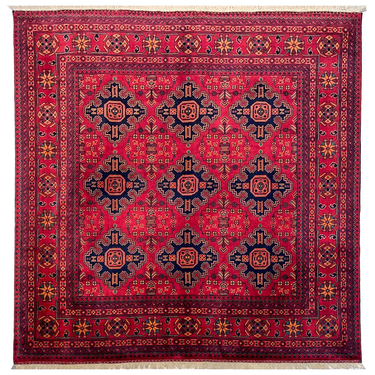 El Dokuma Kırmızı Afgan Khal Mohammadi Kare Yün Halı (150x155 cm)
