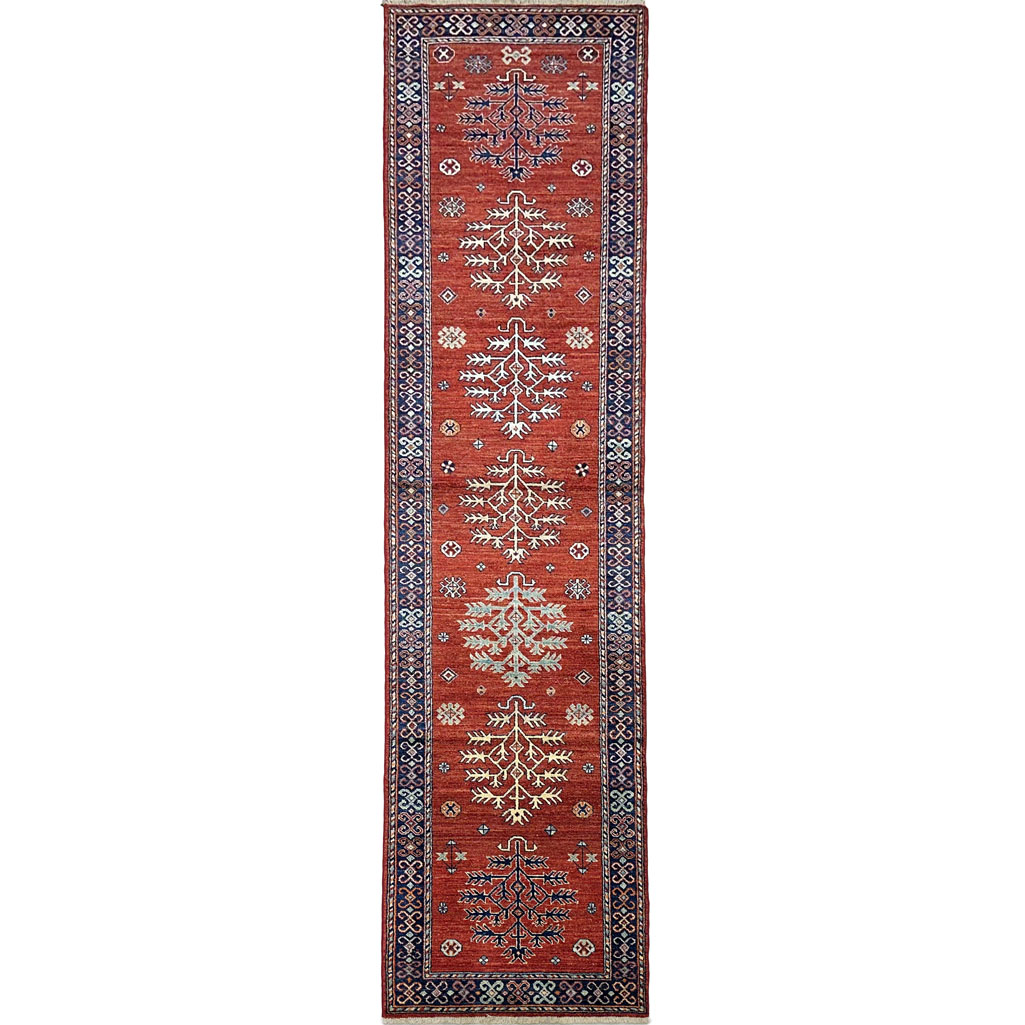 El Dokuma Kırmızı Afgan Kabile Yün Yolluk Halı (80x350 cm)