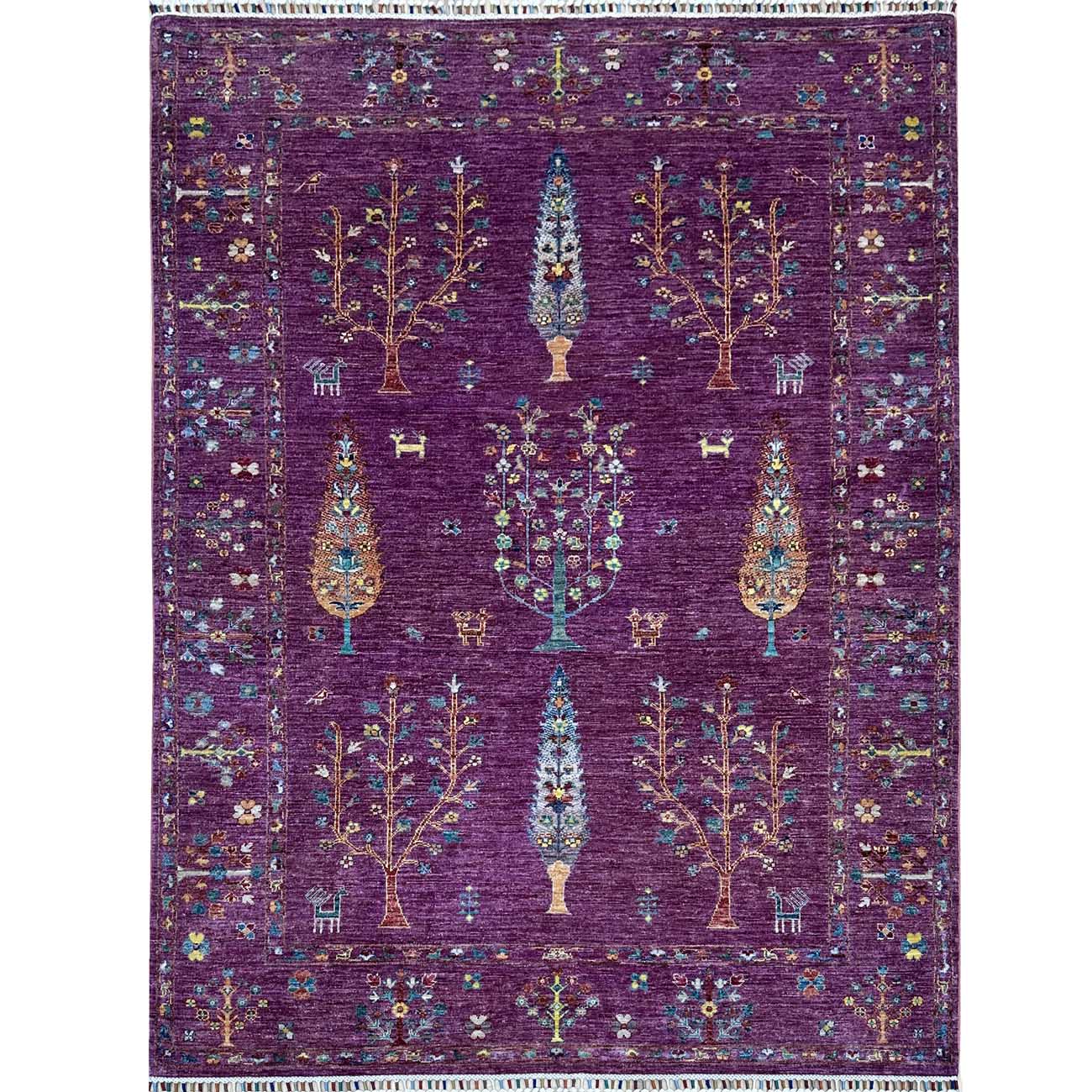 El Dokuma Mor Hayat Ağacı Kabile Yün Halı (170x225 cm)
