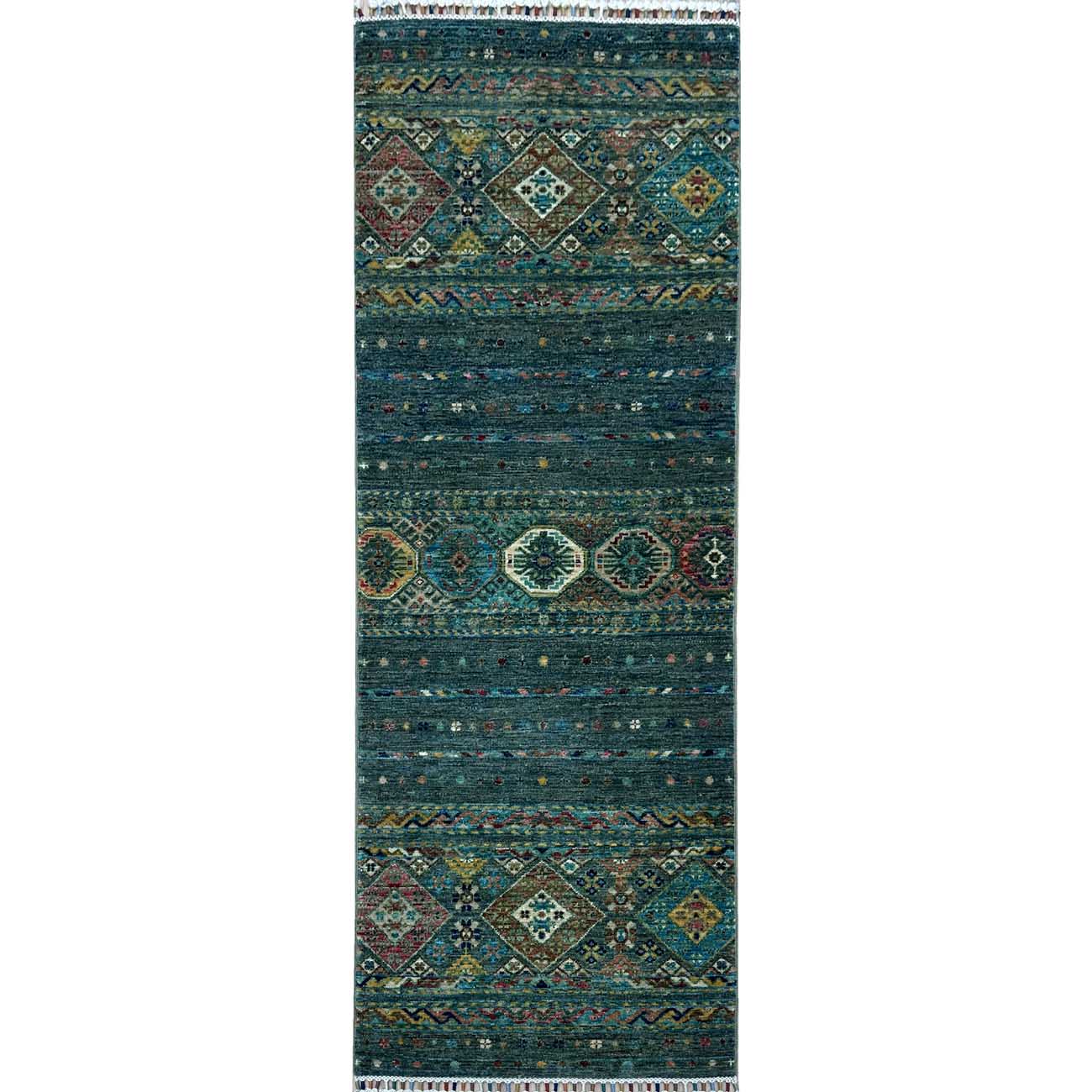 El Dokuma Yeşil Bohem Horcin Yün Yolluk Halı (75x205 cm)