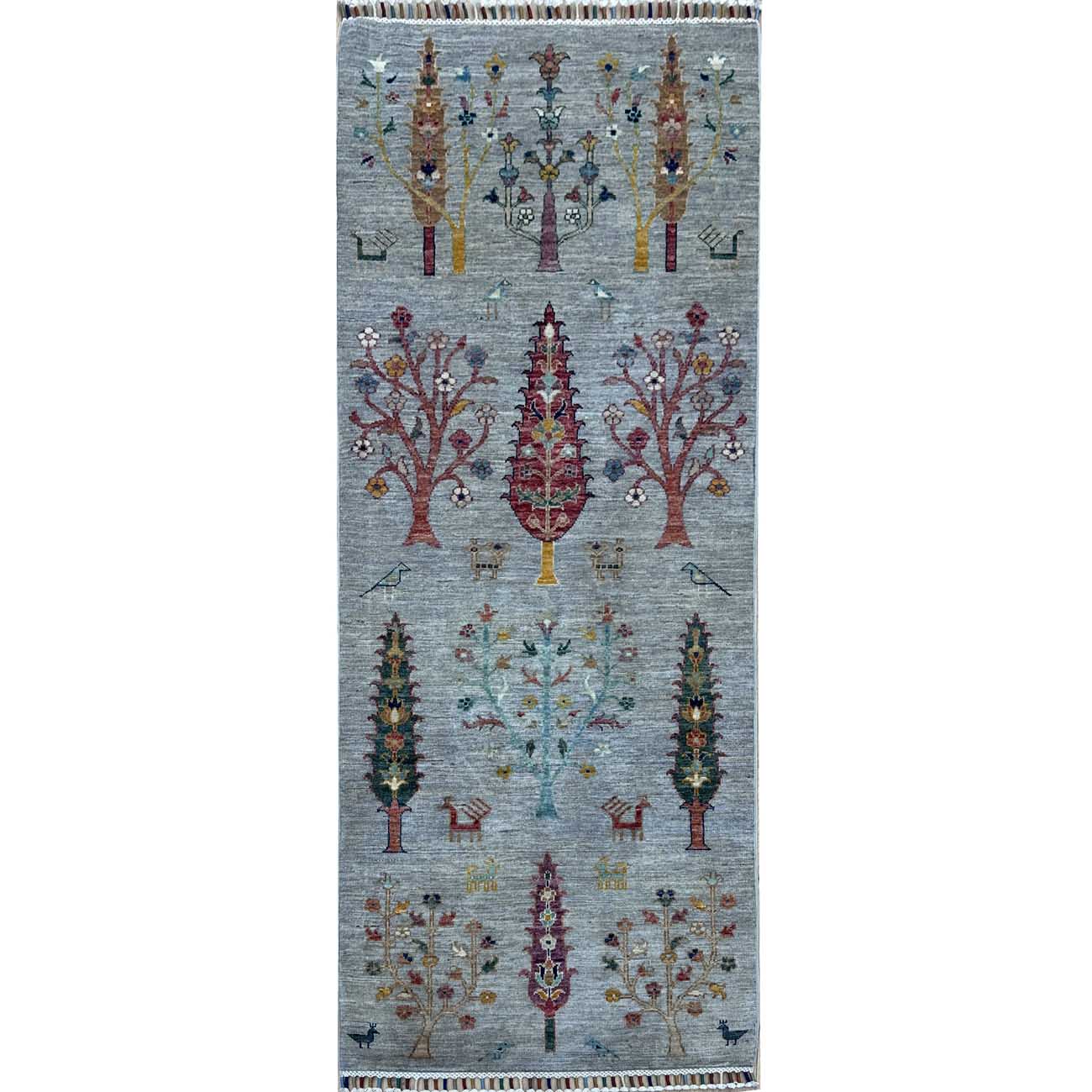 El Dokuma Gri Hayat Ağacı Kabile Yün Yolluk Halı (80x200 cm)