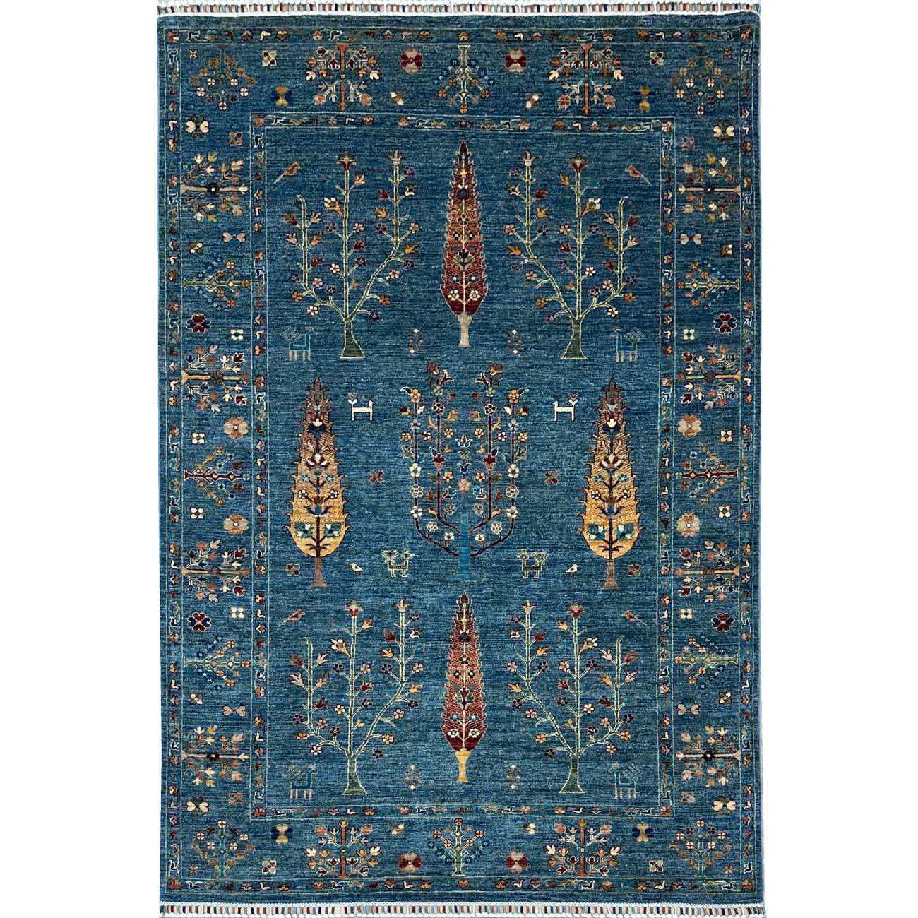 El Dokuma Mavi Hayat Ağacı Kabile Yün Halı (170x240 cm)