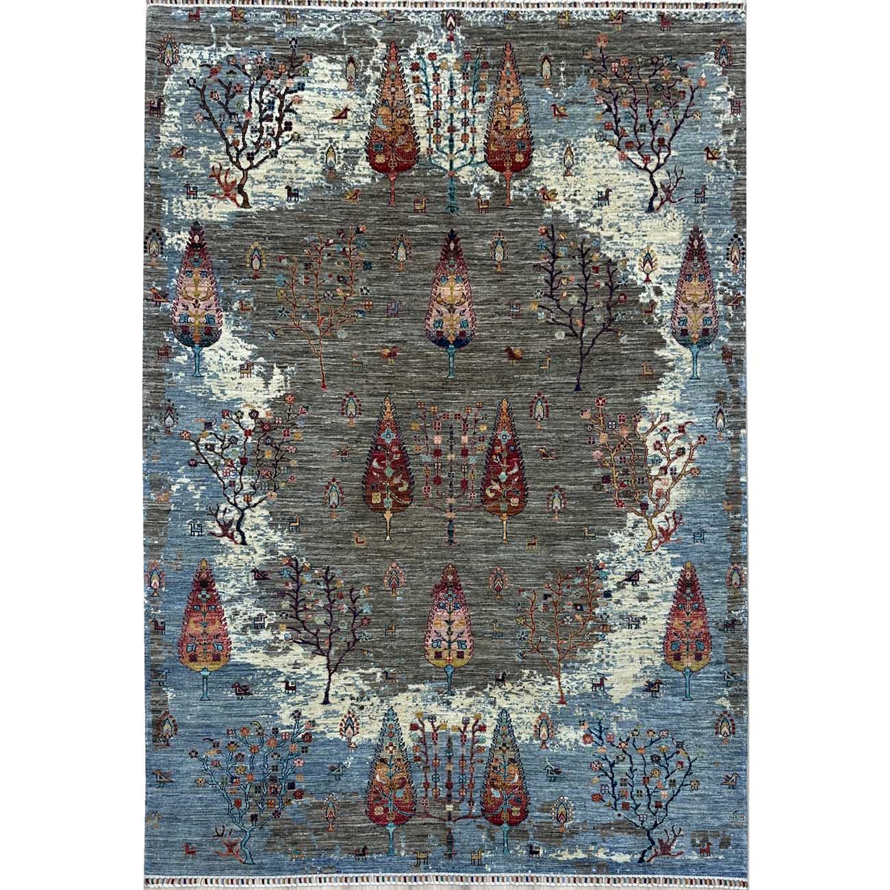 El Dokuma Abstre Hayat Ağacı Kabile Yün Halı (200x300 cm)