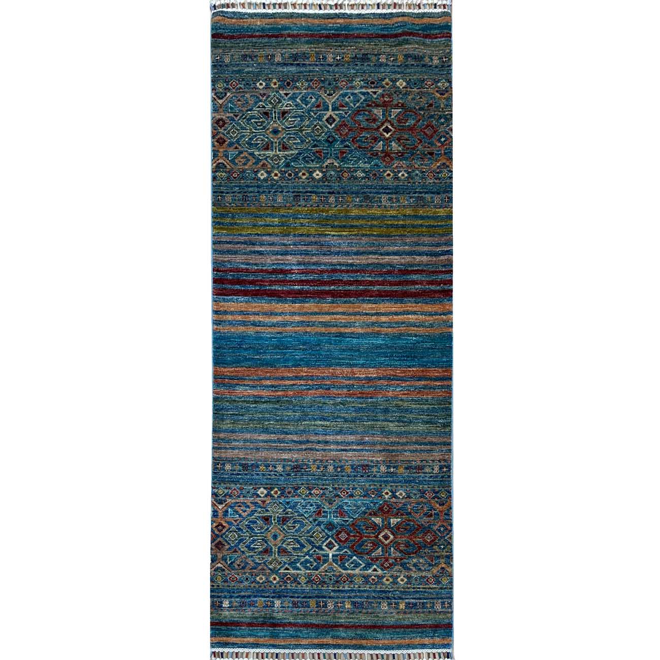 El Dokuma Mavi Bohem Horcin Yün Yolluk Halı (80x200 cm)