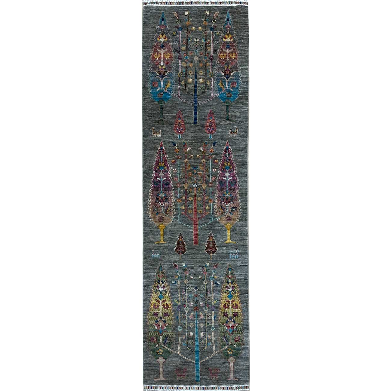 El Dokuma Gri Hayat Ağacı Kabile Yün Yolluk Halı (80x290 cm)