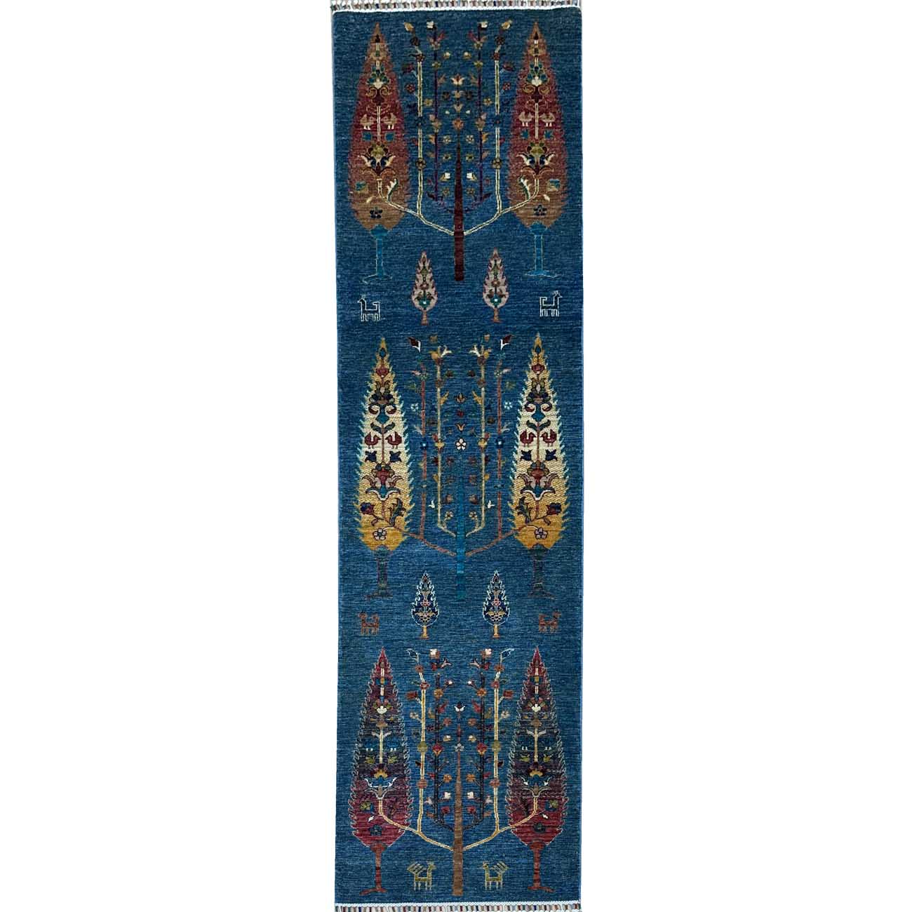 El Dokuma Mavi Hayat Ağacı Kabile Yün Yolluk Halı (80x305 cm)