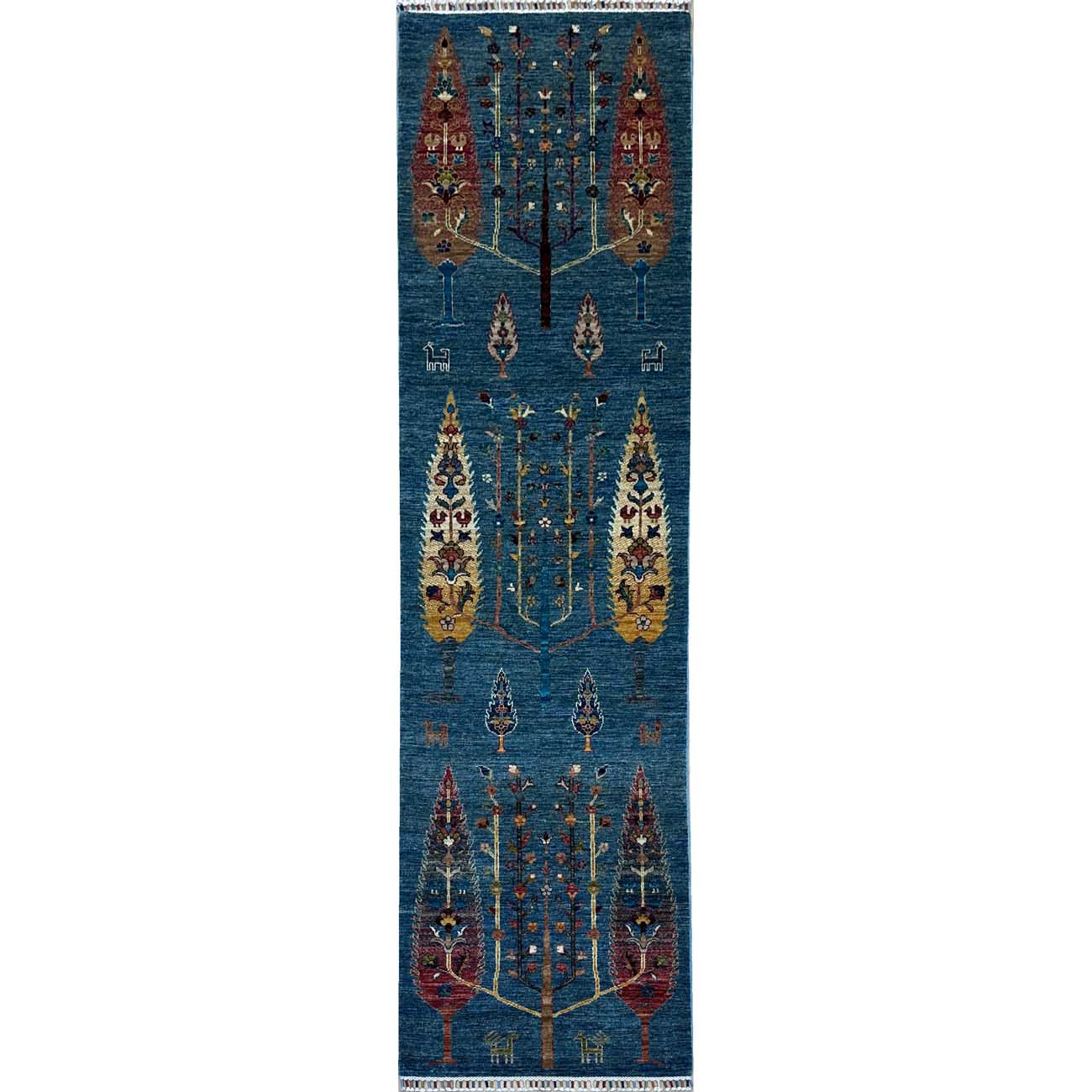 El Dokuma Mavi Hayat Ağacı Kabile Yün Yolluk Halı (80x300 cm)
