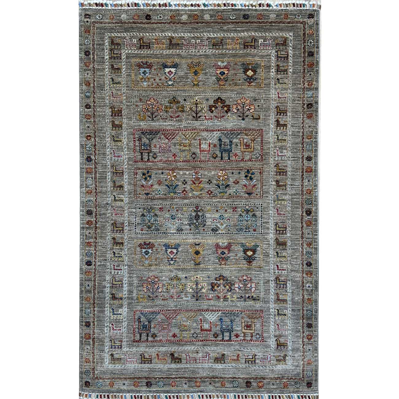 El Dokuma Gri Figürlü Kabile Yün Halı (125x190 cm)