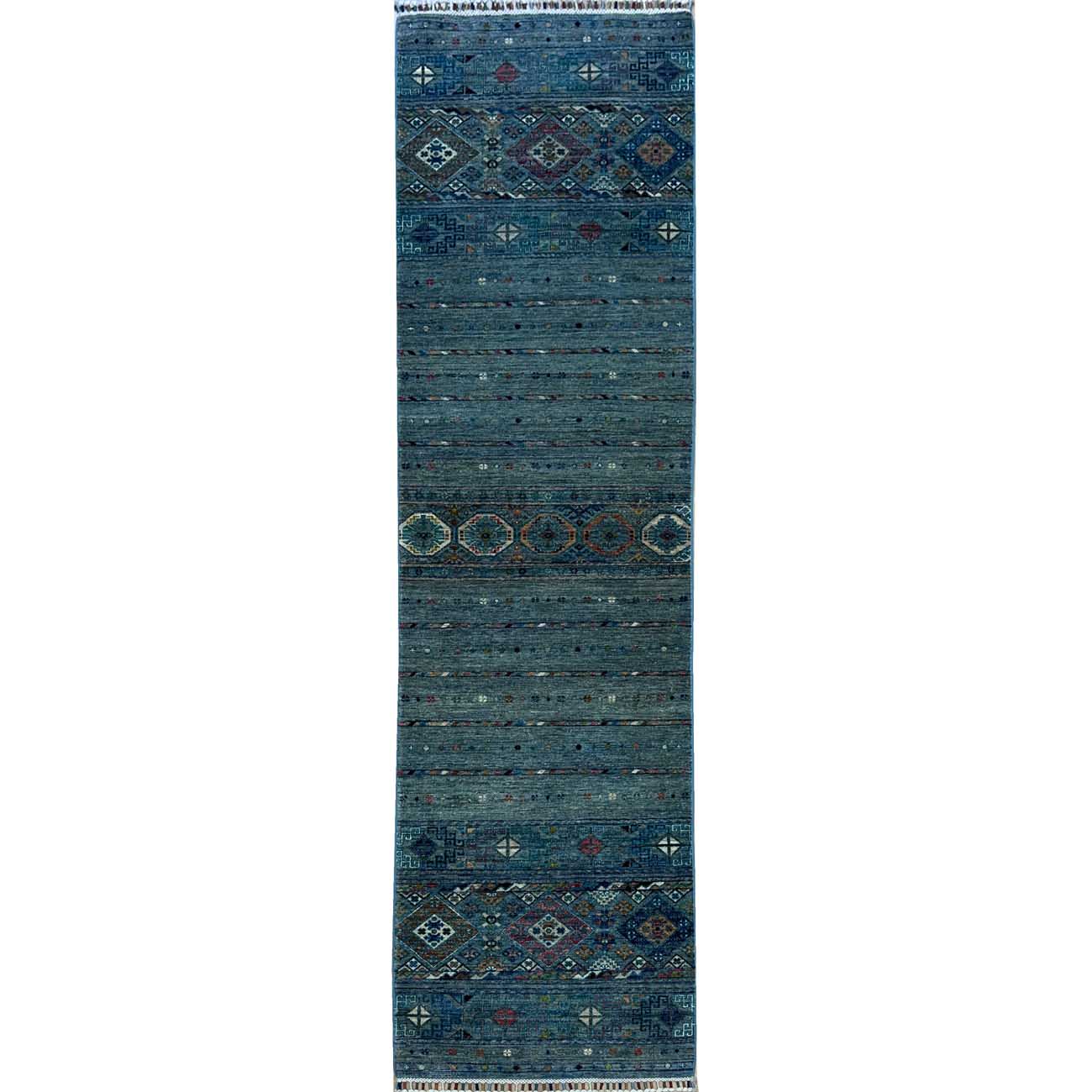 El Dokuma Mavi Horcin Yün Yolluk Halı (75x290 cm)