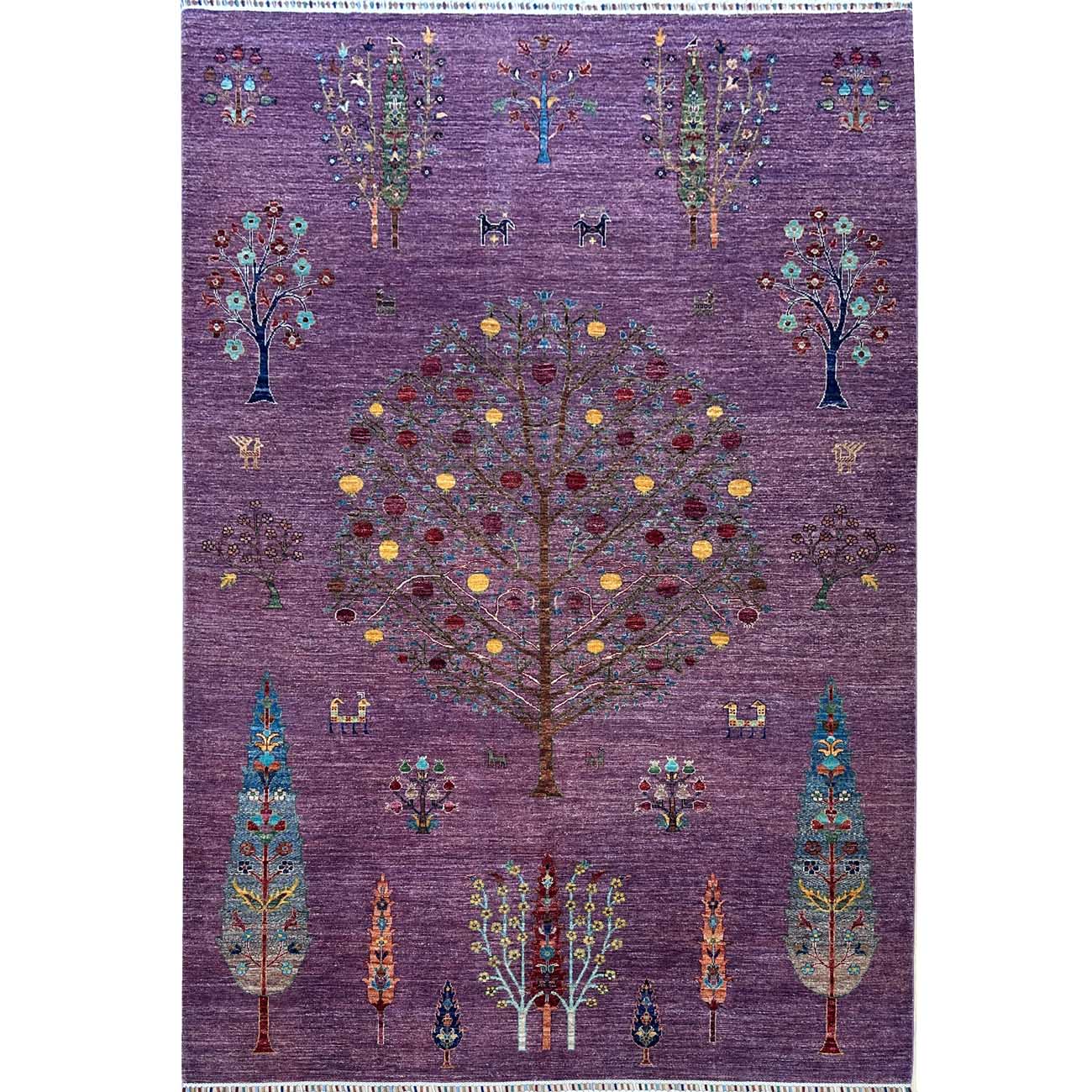 El Dokuma Mor Hayat Ağacı Kabile Yün Halı (200x290cm)