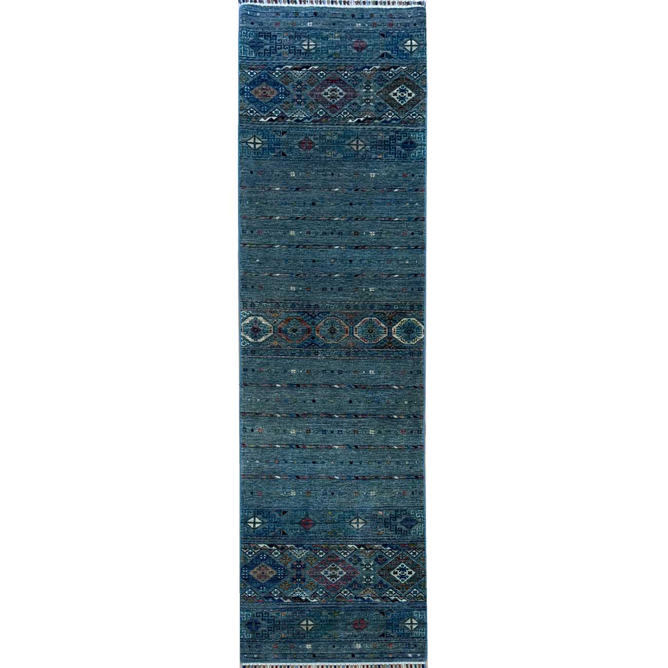 El Dokuma Mavi Çizgili Horcin Yün Yolluk Halı (80x290 cm)