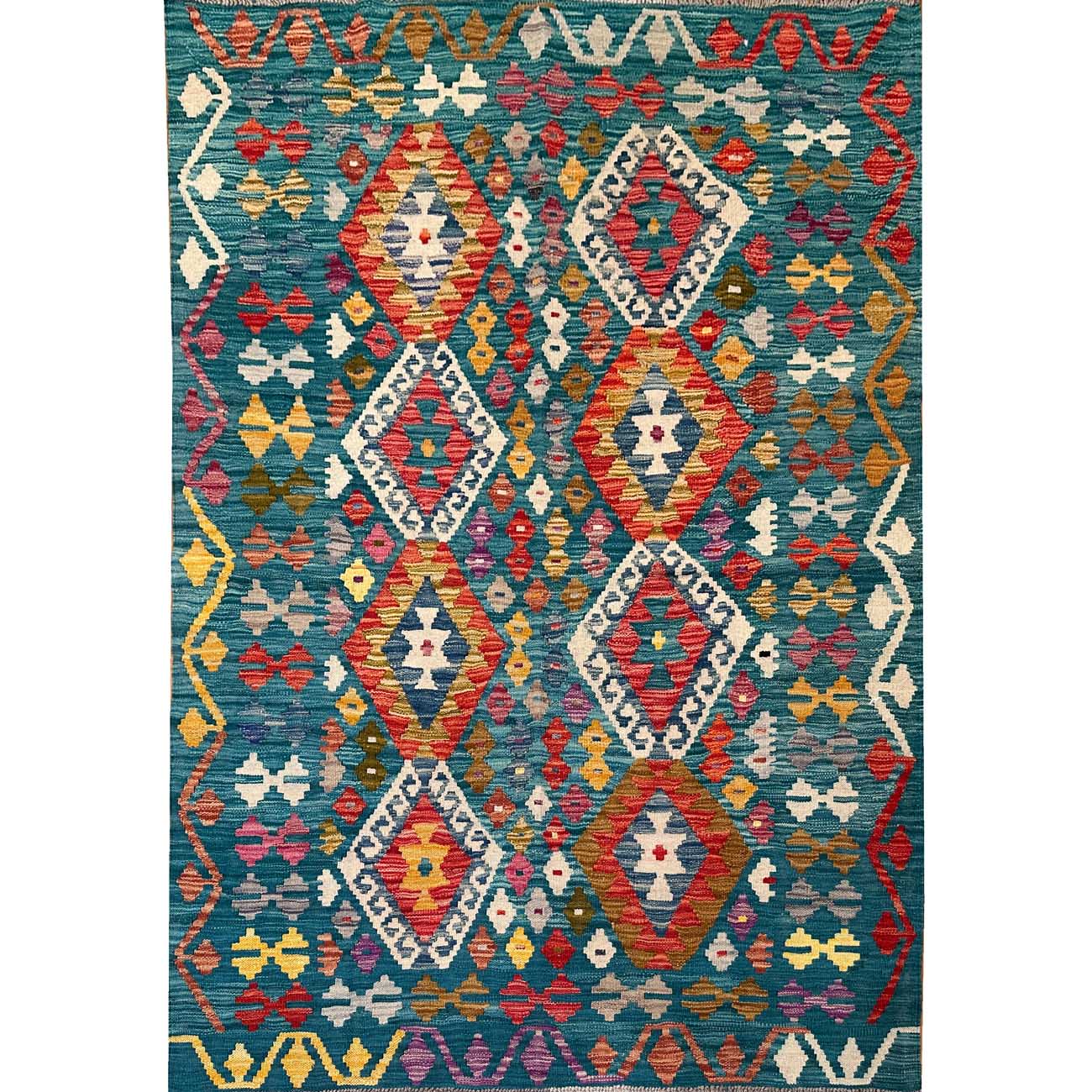 El Dokuma Yeşil Anadolu Desenli Yün Kilim (130x175 cm)