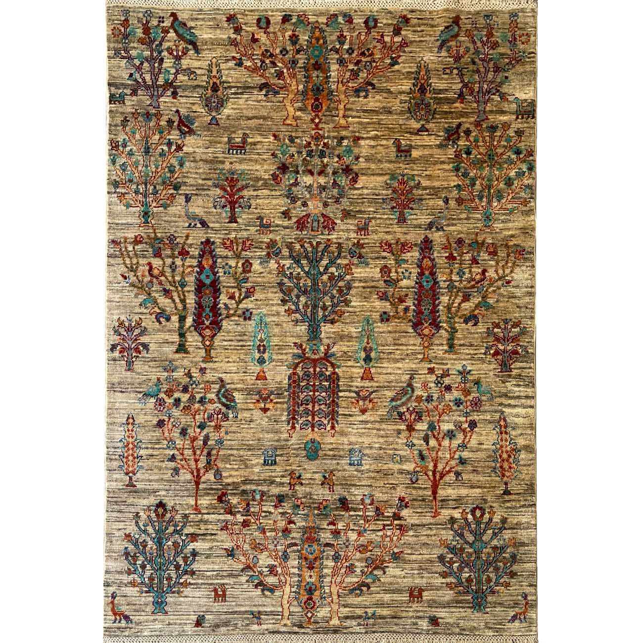 El Dokuma Bej Ağaç Motifli Kabile Yün Halı (120x180 cm)