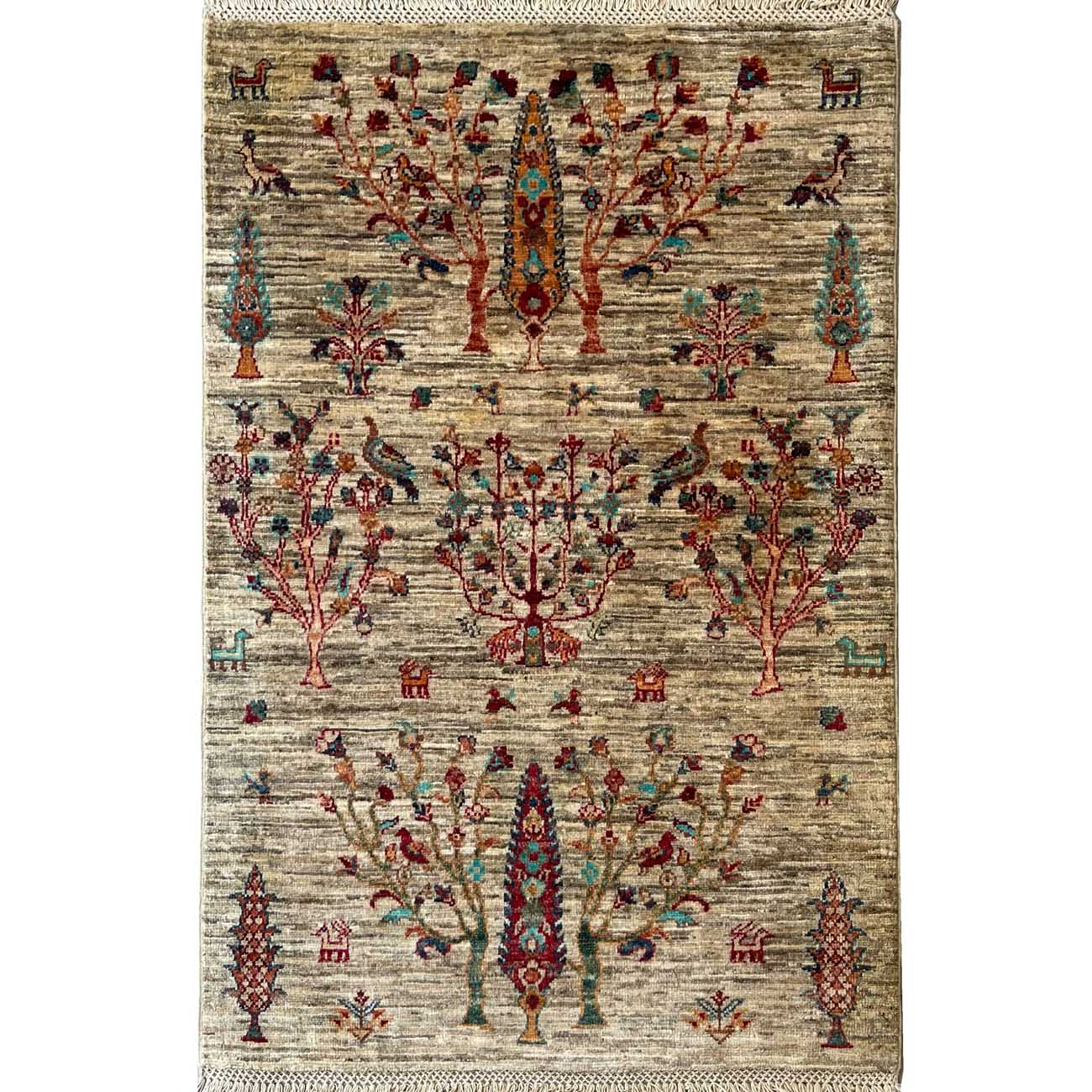 El Dokuma Bej Ağaç Motifli Kabile Yün Halı (80x120 cm)