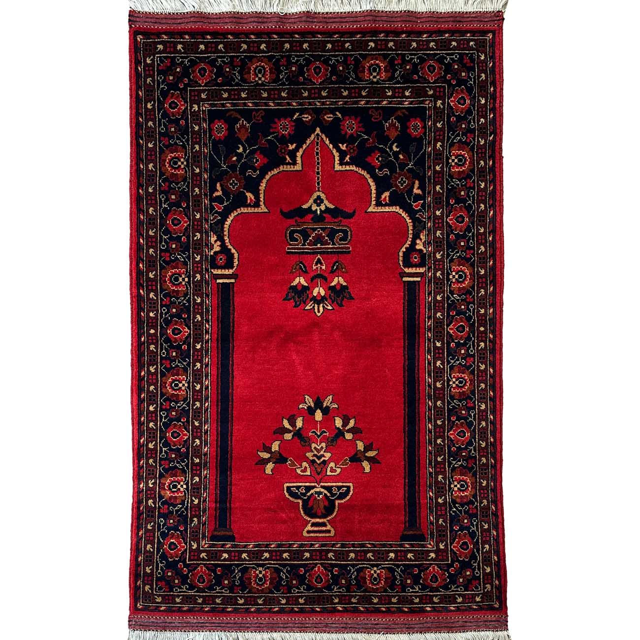 El Dokuma Kırmızı Afgan Bilicik Seccade Yün Halı (90x130 cm)