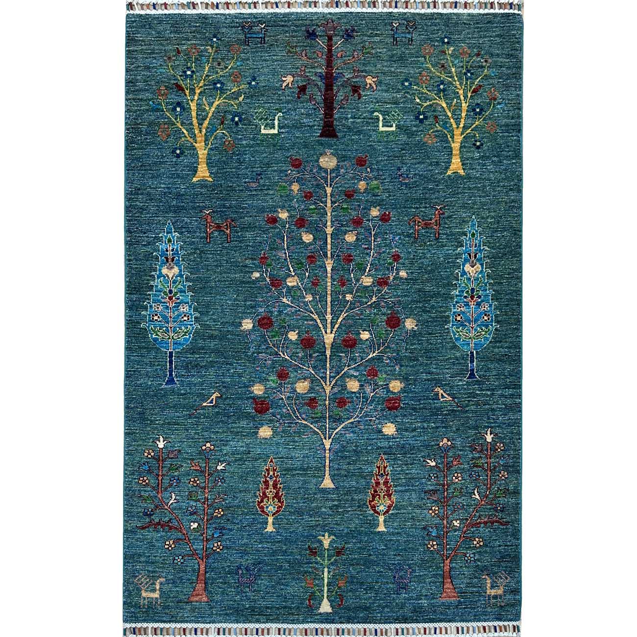 El Dokuma Yeşil Hayat Ağacı Kabile Yün Halı (125x185 cm)