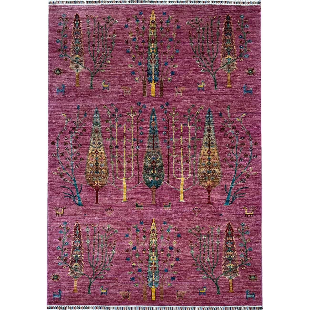 El Dokuma Pembe Ağaç Motifli Kabile Yün Halı (175x240 cm)