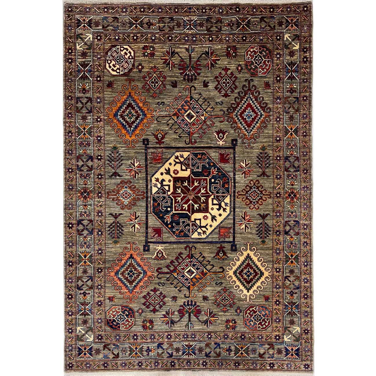 El Dokuma Natural Gri Kazak Yün Halı (155x210 cm)