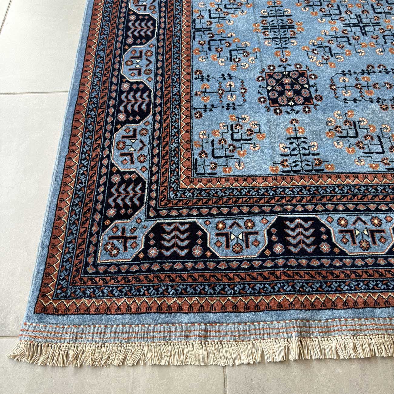 El Dokuma Mavi Afgan Bilicik Yün Halı (210x300 cm) - Görsel 9