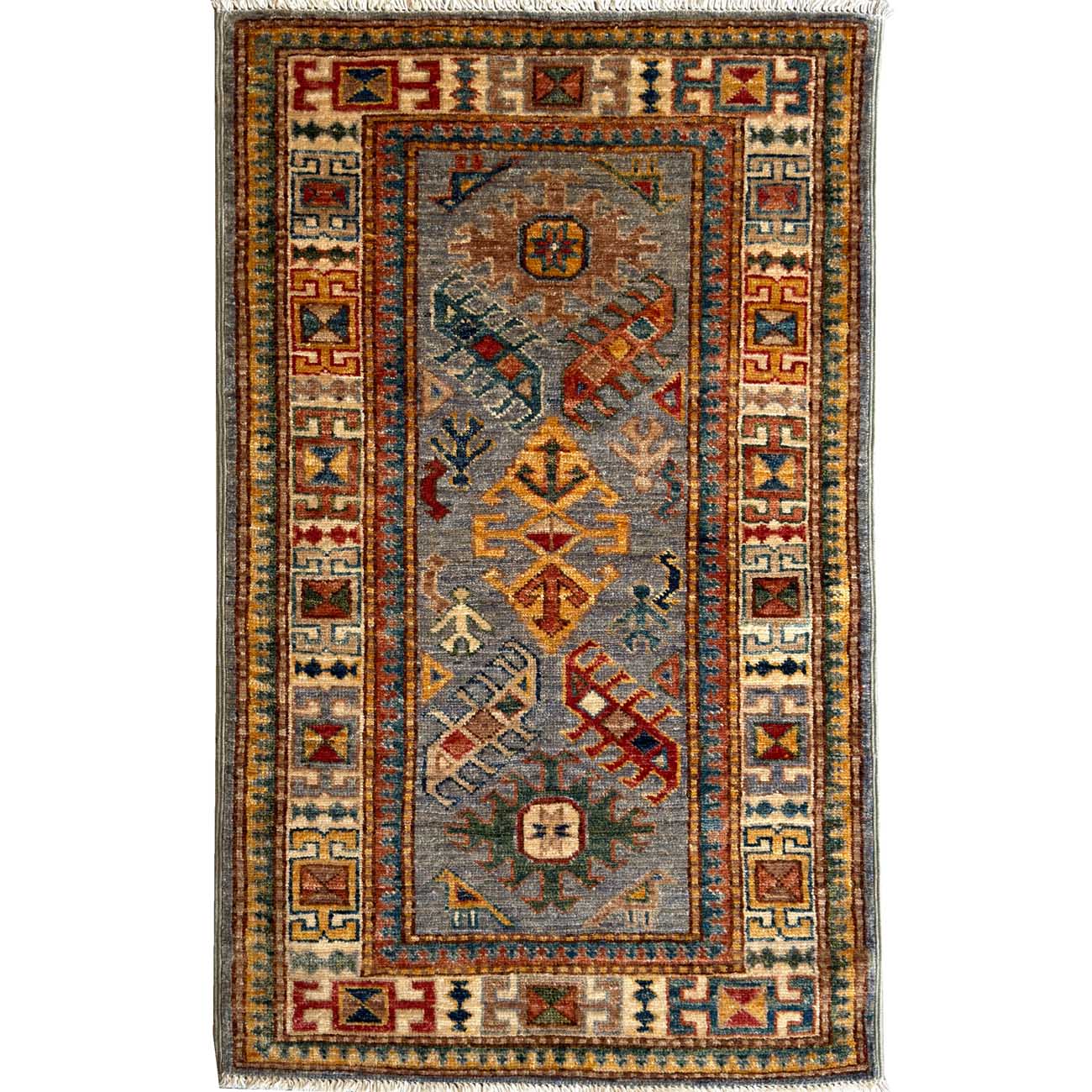 El Dokuma Gri Kazak Yün Halı (65x100 cm)