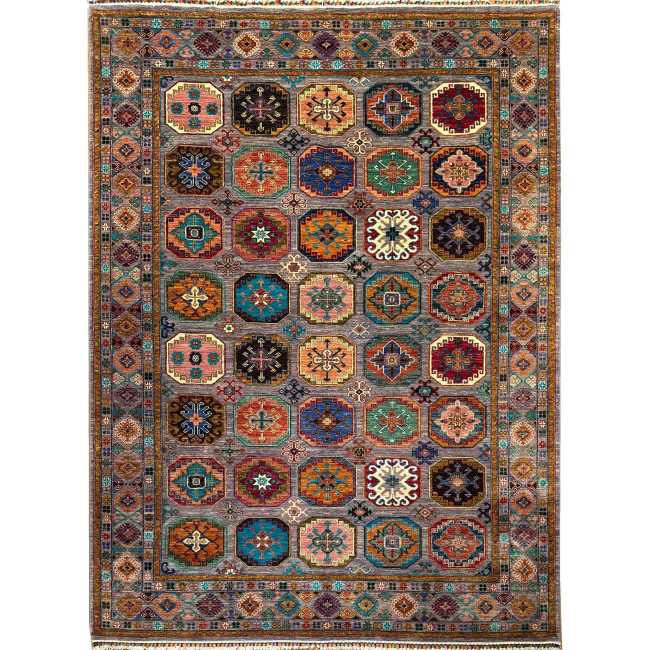 El Dokuma Gri Ersari Türkmen Yün Halı (210x295 cm)
