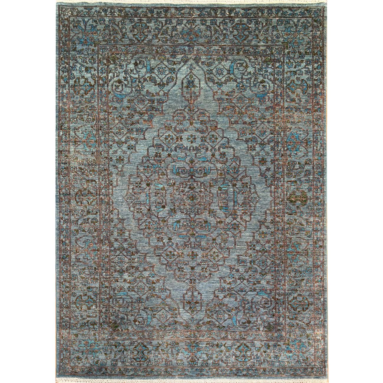 El Dokuma Mavi Madalyon Heris İran Yün Halı (175x245 cm)